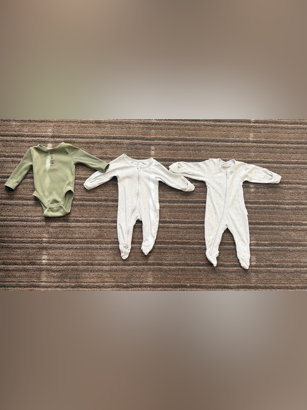 Purebaby Gray Zip Footed Baby Sleeper and Old Navy Green Long Sleeve Bodysuit